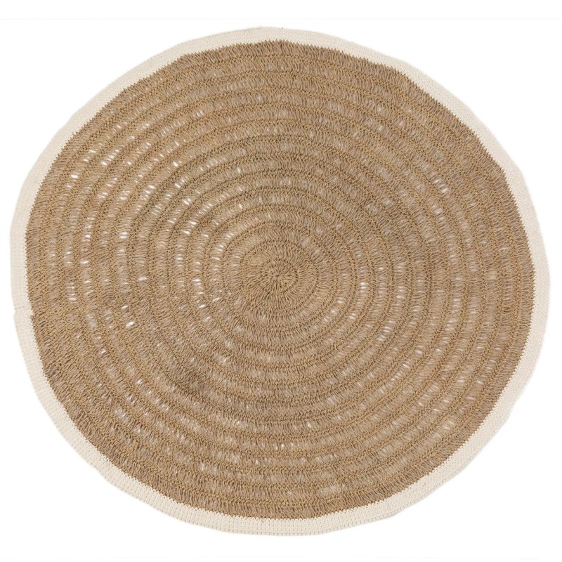 Tapis rond en jonc de mer et coton - Blanc naturel - 150